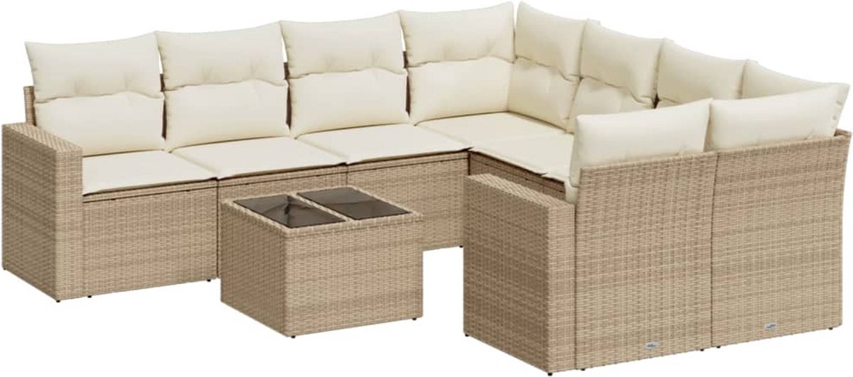vidaXL 9-delige - Loungeset - met - kussens - poly - rattan - beige