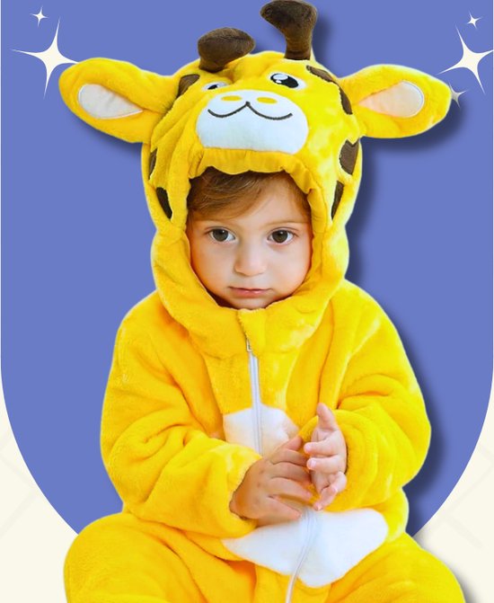 BoefieBoef Giraffe Dieren Onesie & Pyjama voor Baby en Dreumes en Peuter tm 18 maanden - Kinder Verkleedkleding - Dieren Kostuum Pak - Geel
