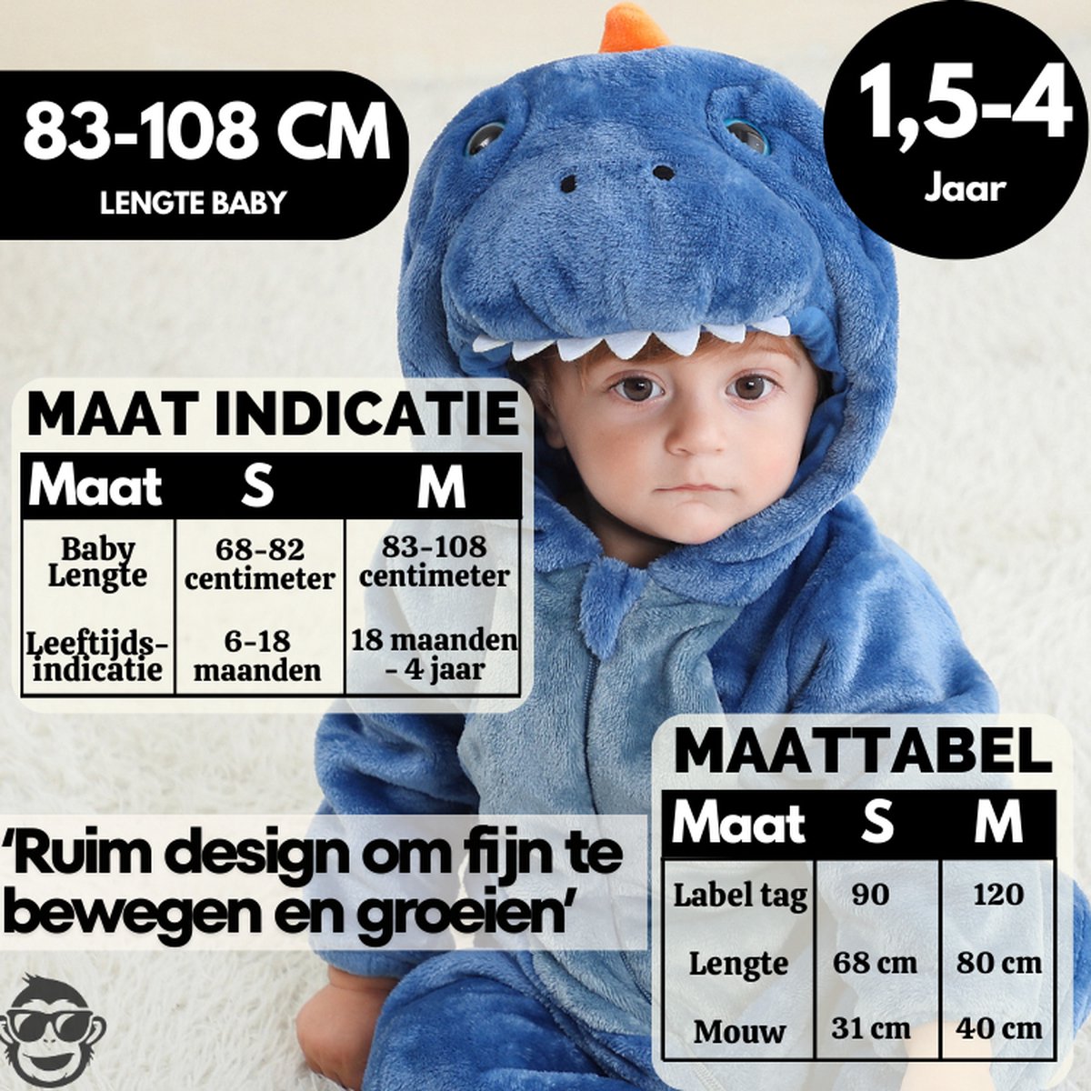 BoefieBoef Dieren Kleuter Onesie Peuter Pyjama Kinderen – Verkleedkleding met Luierrits – Carnaval Dierenpak - Halloween en Kraamcadeau - Zacht Flanel - Baby Romper - Boxpak - Jongens - Meisjes - Kruippak - Dinosaurus Blauw T-rex — afbeelding 3