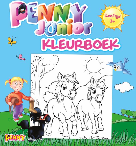 Voorzijde van een Penny Junior kleurboek met een meisje dat een paard vasthoudt, twee paarden en een hondje.