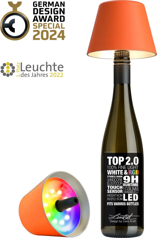 Lampe bouteille Sompex " TOP " avec bouchon durable 2.0 | Led| Oranje - intérieur / outdoor - rechargeable | RGB