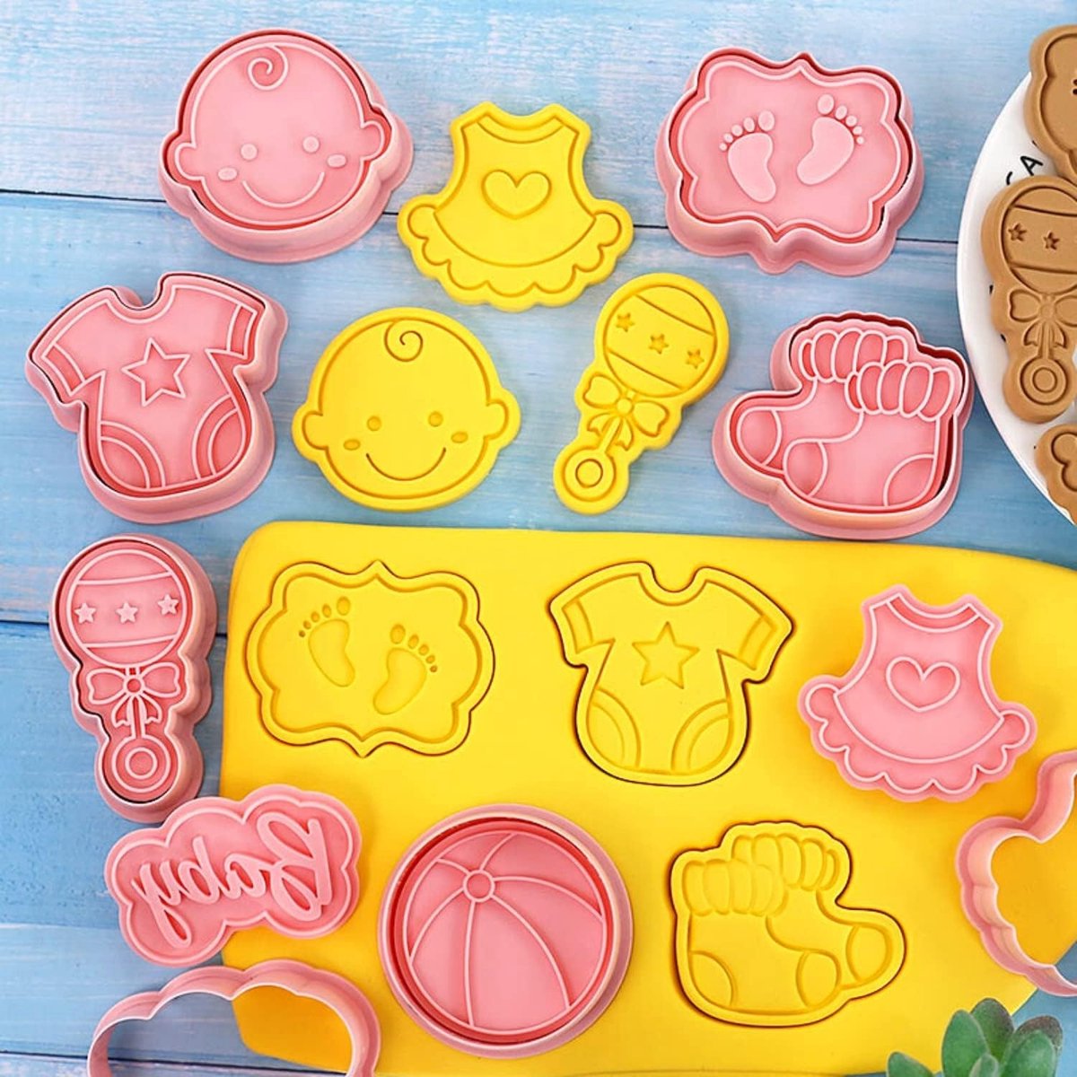 Baby Shower Cookie Cutters-8 Pieces Baby Shower Biscuit Cutter and Stamp 3D Baby Shower Cookie Cutter Set