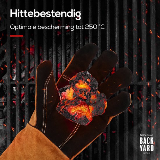 Hittebestendige handschoen met gloeiende kolen erop.