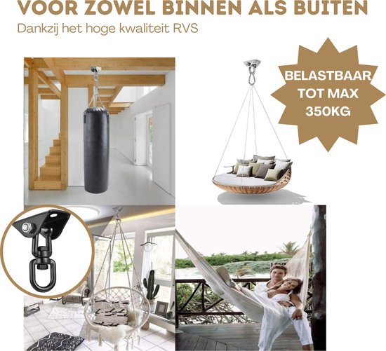 Collage toont het gebruik van de ophanghaak voor een bokszak, hangmat, hangstoel en schommel, zowel binnen als buiten. Tekst: Voor zowel binnen als buiten, Belastbaar tot max 350KG.