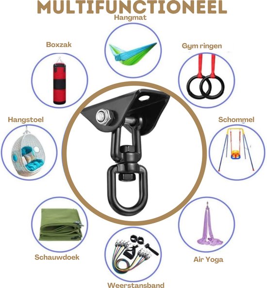 Centraal een zwarte, multifunctionele ophanghaak, omringd door iconen van een bokszak, hangmat, gym ringen, schommel, air yoga, weerstandsband en hangstoel.