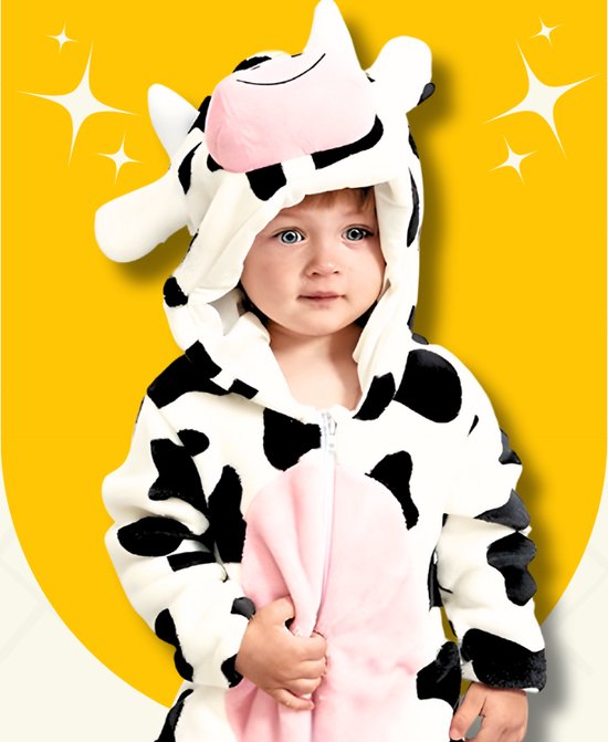 BoefieBoef Koe Dieren Onesie & Pyjama voor Baby & Dreumes en Peuter tm 18 maanden - Kinder Verkleedkleding - Dieren Kostuum Pak - Wit Zwart