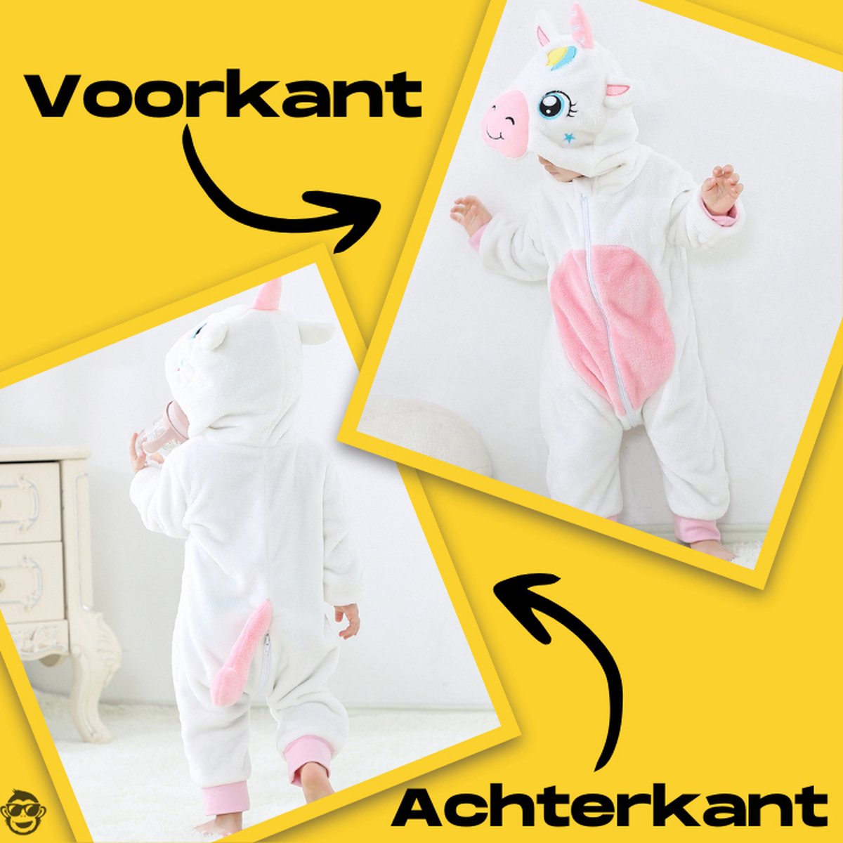 BoefieBoef Dieren Onesie Pyjama Kinderen 6m-2jr – Eenhoorn wit – Verkleedkleding met Luierrits – Carnaval Dierenpak - Kerst en Kraamcadeau Tip – Zacht Flanel - Romper - Boxpak - Jongens - Meisjes — afbeelding 5