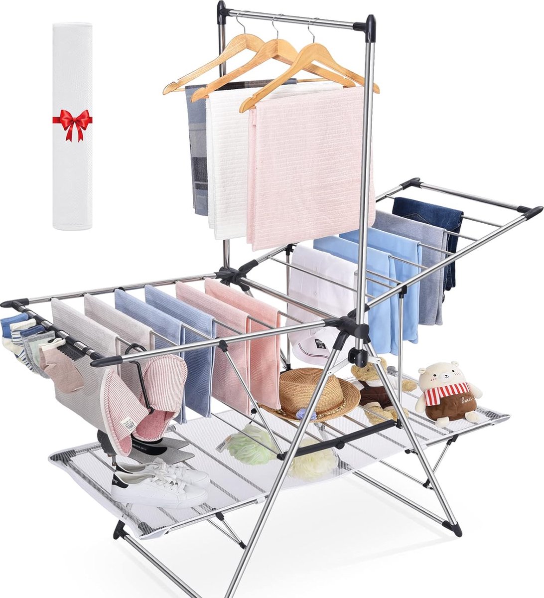 Goedkoopste Droogrek met hoog hangende kleerhangers, opvouwbaar droogrek met 2 niveaus voor de wasgoed, wasrek met in hoogte verstelbare gullwings