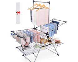Droogrek met hoog hangende kleerhangers, opvouwbaar droogrek met 2 niveaus voor de wasgoed, wasrek met in hoogte verstelbare gullwings