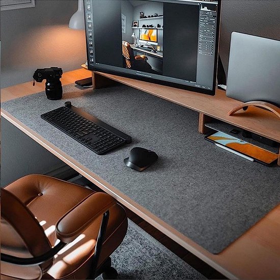Tapis De Bureau 90x50cm Liège Et Cuir - Sous-main Clavier/souris - Antidérapant Noir - Bureau Ou Maison
