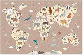 Muurdecoratie Wereldkaart kinderen - Dieren - Bruin - Jongens - Meisjes - 180x120 cm - Tuinposter - Tuindoek - Buitenposter