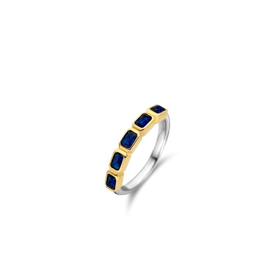 Bague dorée tournante ornée de cinq saphirs rectangulaires bleus.