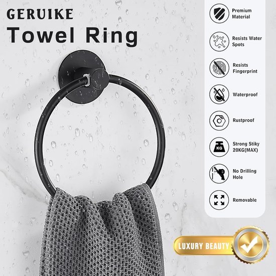 Zelfklevende handdoekring voor badkamer, wandgemonteerde keukenhanddoekhanger met sterke lijm, geen boren nodig, roestvrijstalen roestbestendige handdoekhouder, moderne badkamerorganizer mat zwart 2