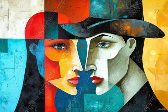 JJ-Art (Aluminium) 60x40 | Vrouw en man met hoed, abstract, kunst | gezicht, portret, mens, geel, rood. blauw, modern | foto-schilderij op dibond, metaal wanddecoratie