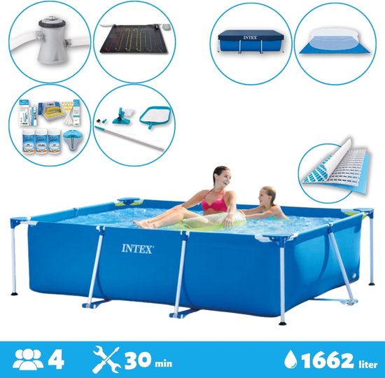 Blauw Intex rechthoekig frame zwembad met witte steunpalen. Twee vrouwen genieten van het zwembad, omringd door diverse accessoires.