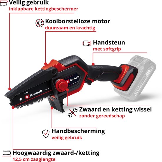 Einhell Accu Mini Kettingzaag GE-PS 18/15 Li BL-Solo - Power X-Change - 18 V/Li-ion - Koolborstelloze motor - Zwaardlengte: 20 cm - Max. Zaaglengte: 14 cm - Kettingsnelheid: 4,8 m/s - Excl. accu en lader van Einhell — afbeelding 4