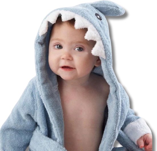 BoefieBoef Haai Blauw Eco-vriendelijke Baby & Dreumes Dieren Badjas S - 100% Katoen / Badstof Kinder Ochtendjas met Capuchon - Perfect Kraamcadeau voor 0-2 Jaar