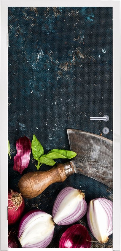 Foto: Deursticker groente kruiden wiegemes ui specerijen rustiek 95x215 cm deurposter