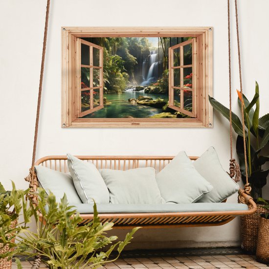 Poster de jardin Cascade - Vue - Jungle - Paysage - Nature - Fenêtre marron clair - 120x80 cm - Toile de jardin - Poster extérieur