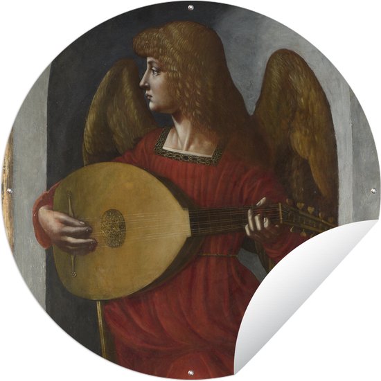 Tuincirkel An angel in red with a lute - Leonardo da Vinci - 90x90 cm - Ronde Tuinposter - Buiten