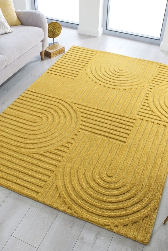 Flycarpets Zen Modern Japandi - Laagpolig - 100% Wol Vloerkleed - Okergeel - 160x230 cm