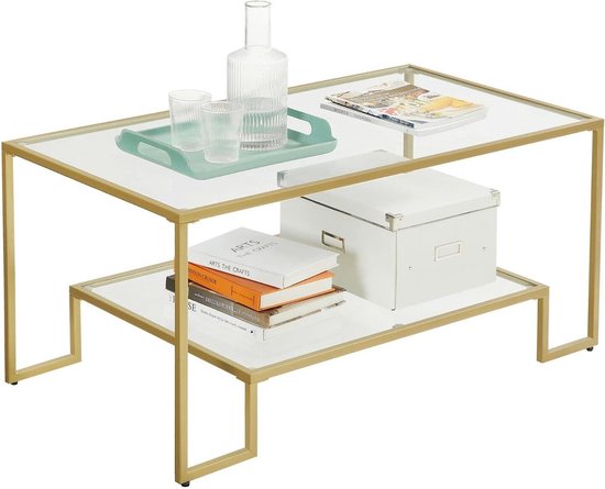 Signature Home Goldy Table basse en verre trempé - table de salon - 2 étagères en acier - décoration pour salon couleur or 100 x 55,1 x 46 cm
