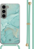 Casimoda® hoesje met mintgroen koord - Geschikt voor Samsung S23 - Marmer mint groen - Afneembaar koord - TPU/polycarbonaat - Mint