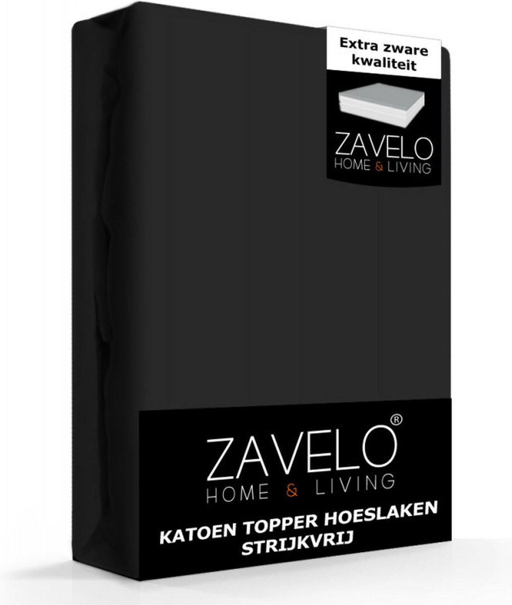 Zavelo Katoen Topper Hoeslaken Strijkvrij Zwart - 2-persoons (140x200 cm) - 100% Katoen - 10cm Hoekhoogte - Hoogwaardige Kwaliteit