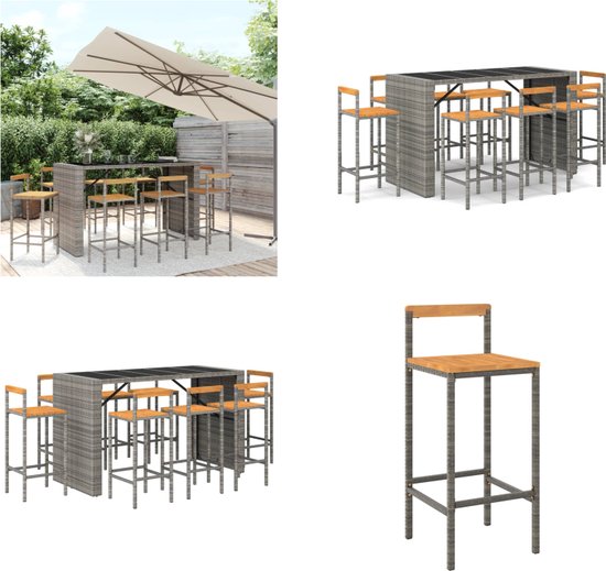 vidaXL Ensemble de bar de jardin 9 pièces Polyrotin et bois d'acacia massif Gris - Ensemble de bar de jardin - Ensembles de bar de jardin - Ensemble de table de bar - Table de bar et chaise