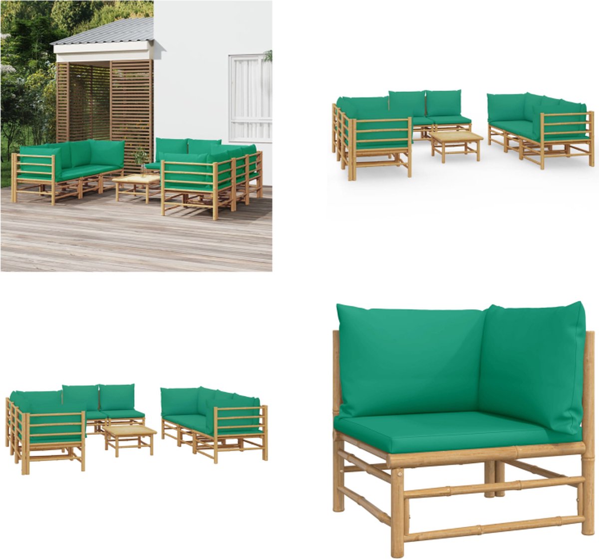 vidaXL 9-delige - Loungeset - met - kussens - bamboe - groen