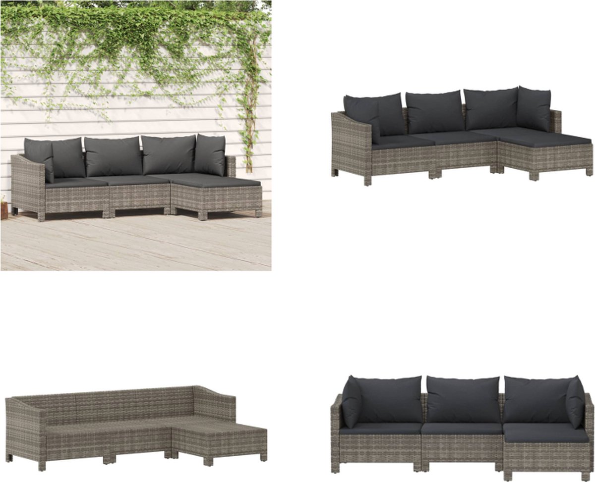 VidaXL 4-delige Loungeset met kussens poly rattan grijs Loungeset Loungesets Loungeset Tuin Loungebank Tuin
