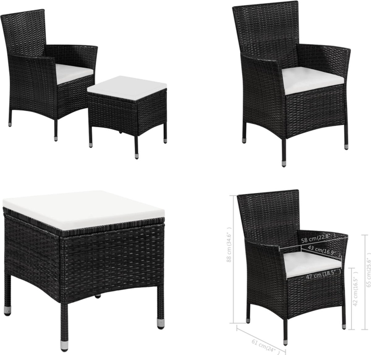 VidaXL Tuinstoel en kruk met kussens poly rattan zwart Eetstoel Eetstoelen Rattan Eetstoel Rattan Eetstoelen