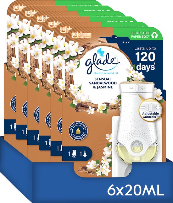 Glade Sensual Sandalwood & Jasmine elektrische geurverspreider multipack: 6x 20ml navullingen en een witte houder.