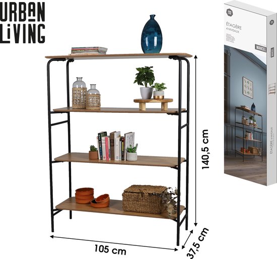 BOEKENKAST OP 4 NIVEAUS MET ZWARTE METALEN STRUCTUUR 105X37XH140.5CM