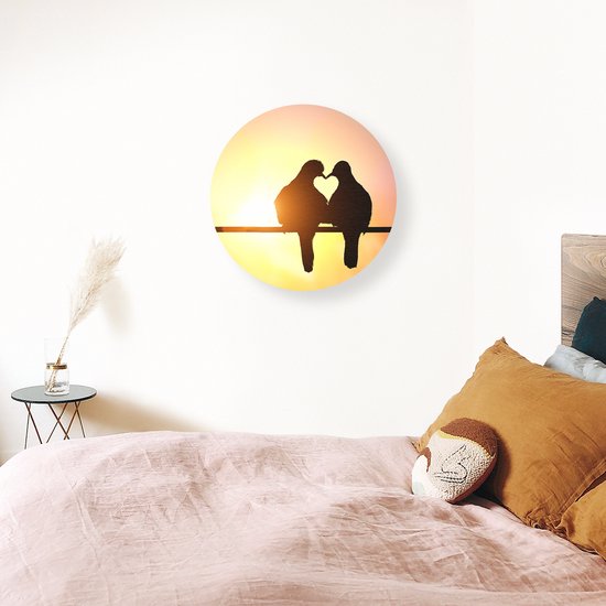 Artaza Forex Muurcirkel Twee Silhouet Vogels In Een Hart Vorm - 70x70 cm - Wandcirkel - Rond Schilderij - Wanddecoratie Cirkel - Muurdecoratie