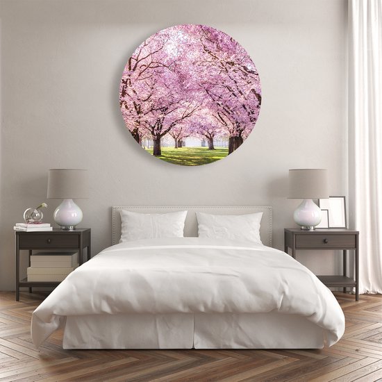 Artaza Forex Cercle mural Parc d'arbres en fleurs roses - Fleurs - 90x90 cm - Groot - Cercle mural - Peinture ronde - Cercle de Décoration murale