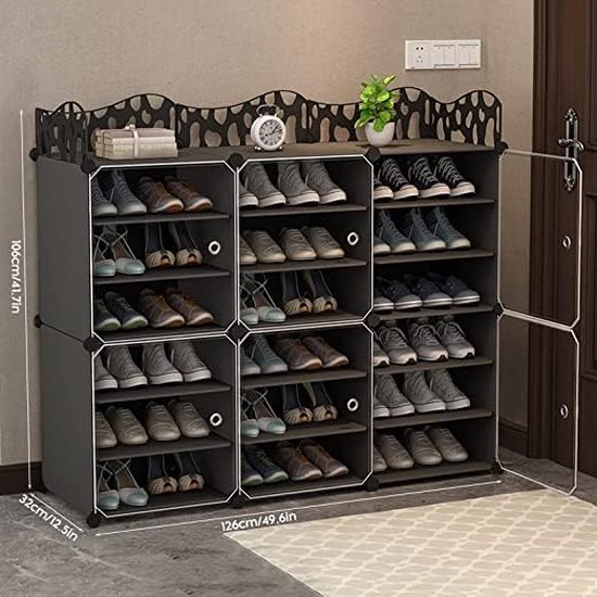 Schoenenkast-opbergkast met deuren, draagbare schoenenorganizer, uitbreidbaar starek, opslag voor 36-72 paar schoenen, laarzen voor kast, hal, slaapkamer, entree, 3 x 6 zwart