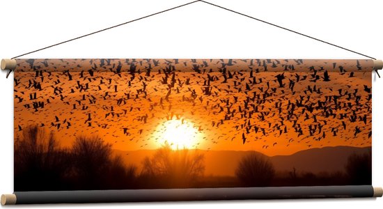 Textielposter - Dieren - Vogels - Planten - Zonsondergang - Water - 90x30 cm Foto op Textiel