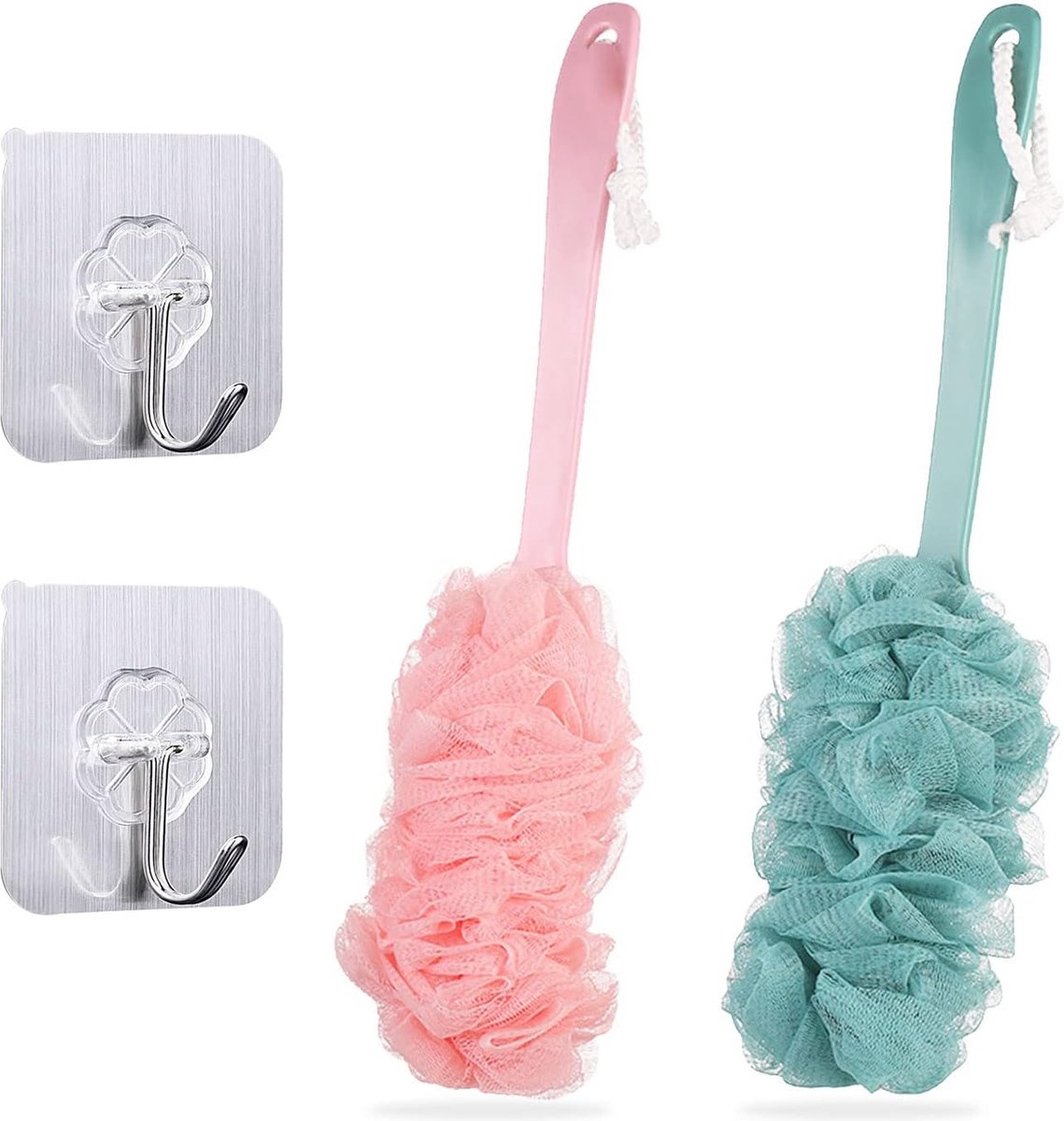 Goedkoopste Set van 2 rugborstels met lange handvatten, badspons, crèmehulpmiddel voor de rug, badborstel van gaas, badschrobber, exfoliërende massagesponsborstels, doucheborstel voor mannen en vrouwen