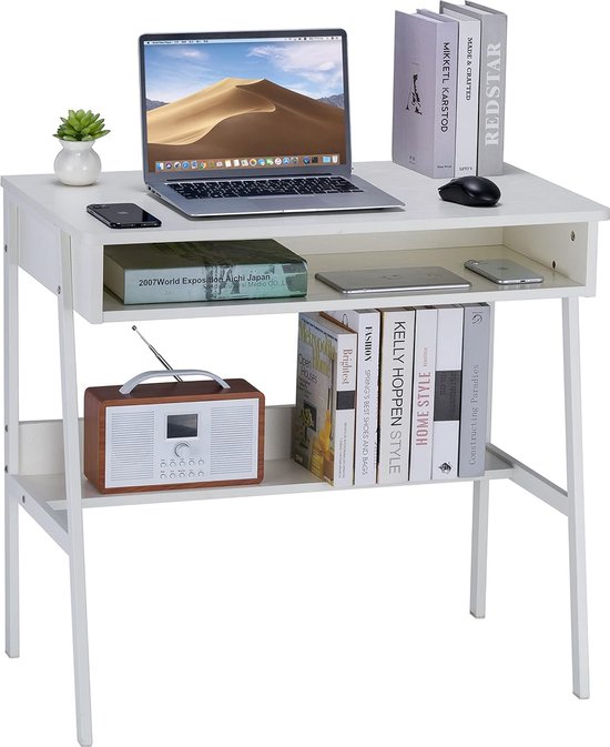 Bureau d'ordinateur petit bureau avec rangement bureau en bois avec cadre en métal L80x P48 x H75CM table de travail bureau de jeu bureau de travail table de travail bureau à domicile chambre blanc
