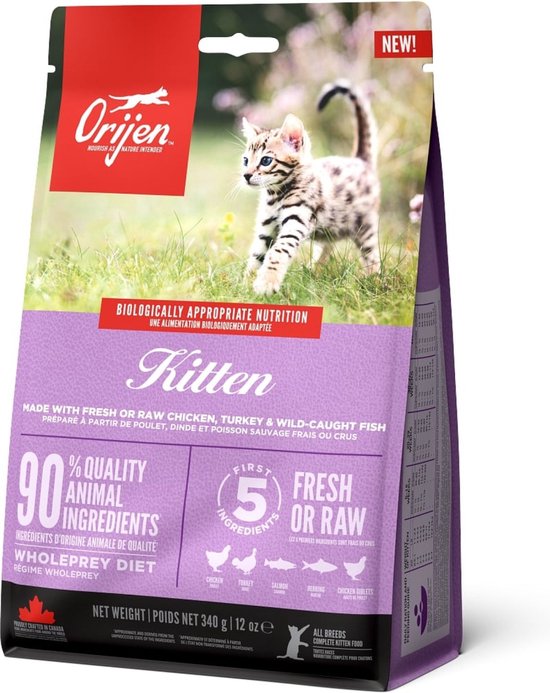 Orijen Kitten voerzak met een kitten in gras en de tekst 'Biologically Appropriate Nutrition'.
