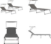 vidaXL Ligbedden inklapbaar met dak 2 st aluminium en textileen grijs - Zonnebed - Zonnebedden - Ligstoel - Ligstoelen