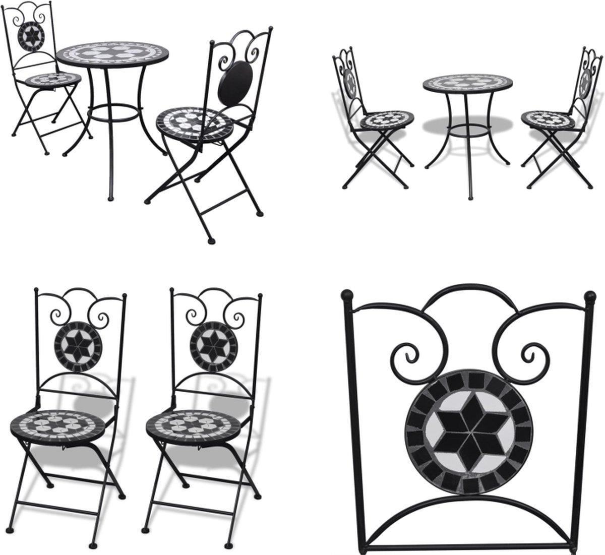 VidaXL -3-delige-Bistroset-keramische-tegel-zwart-en-wit Stoel Stoelen Bistrostoel Bistrostoelen
