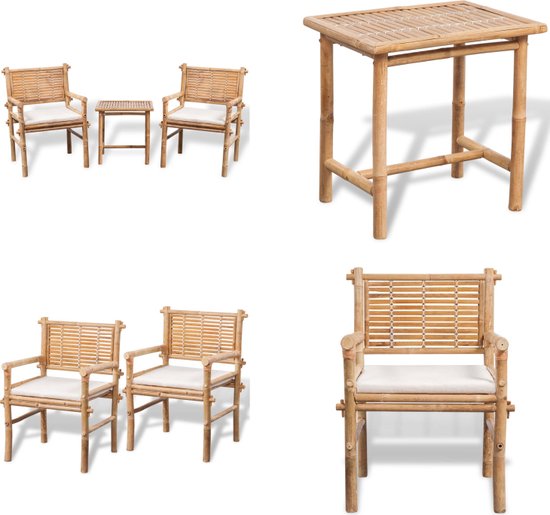 vidaXL-3-delige-Bistroset-met-kussens-bamboe - Tuintafel En Stoel - Tuintafels En Stoelen - Tuintafel Set - Tuintafel Sets