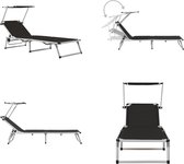 vidaXL Ligbed inklapbaar met dak aluminium en textileen zwart - Zonnebed - Zonnebedden - Ligstoel - Ligstoelen