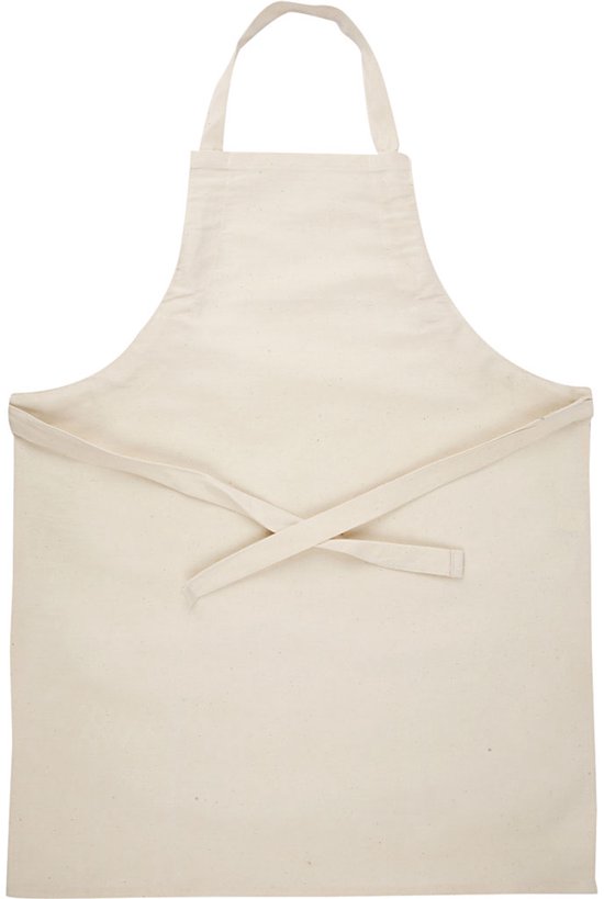 Tablier enfant en coton crème, avec licou et longs liens à nouer dans le dos.