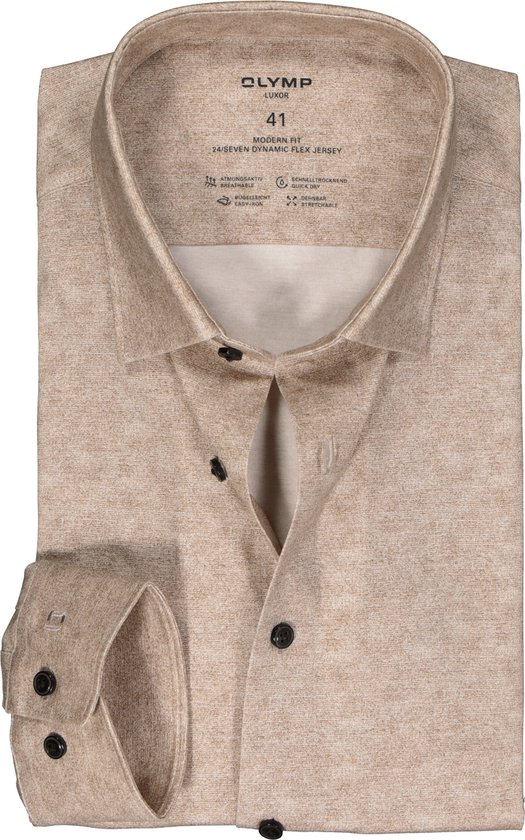 OLYMP 24/7 modern fit overhemd - tricot - bruin melange - Strijkvriendelijk - Boordmaat: 40