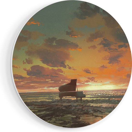 Artaza Forex Muurcirkel Piano op het Strand bij Zonsondergang - 40x40 cm - Klein - Wandcirkel - Rond Schilderij - Wanddecoratie Cirkel