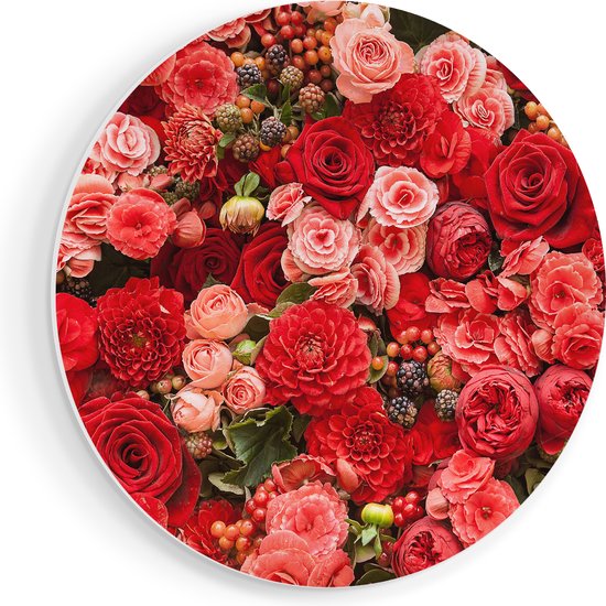 Artaza Forex Muurcirkel Rode En Roze Bloemen Met Fruit - Abstract - 50x50 cm - Klein - Wandcirkel - Rond Schilderij - Muurdecoratie Cirkel