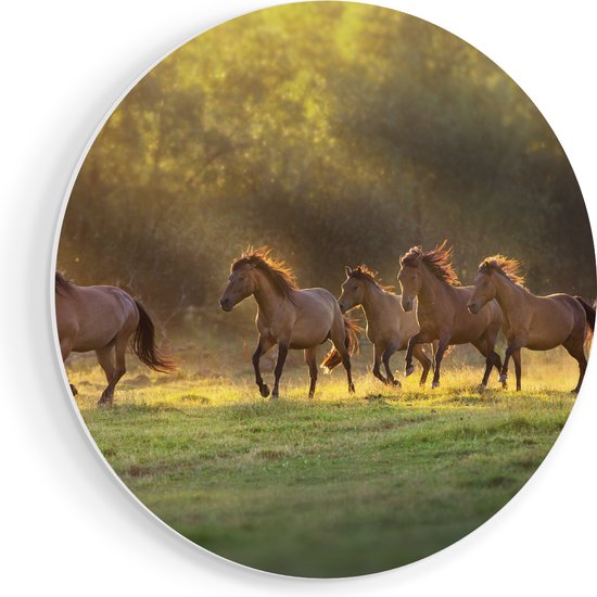 Artaza Muurcirkel - Kudde Bruine Paarden In De Wei - Wandcirkel - Rond Schilderij